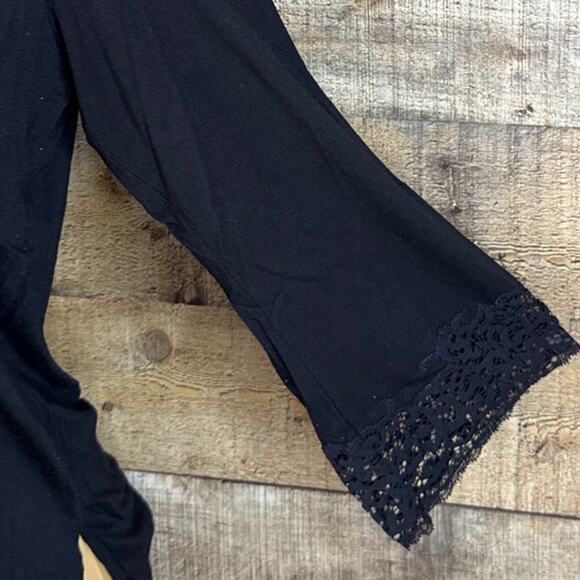 Natori Solid Black Cropped Sleeve Lace Trim Top Loungewear Size Large - Picture 3 of 8